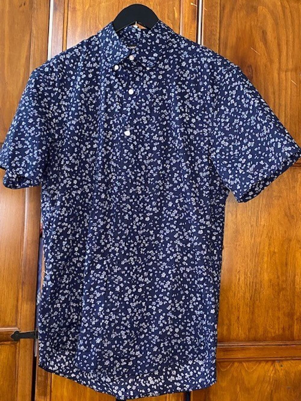 Michael Kors Mens Large Slim Fit Button Down Shirt Navy Blue White Long Sleeve